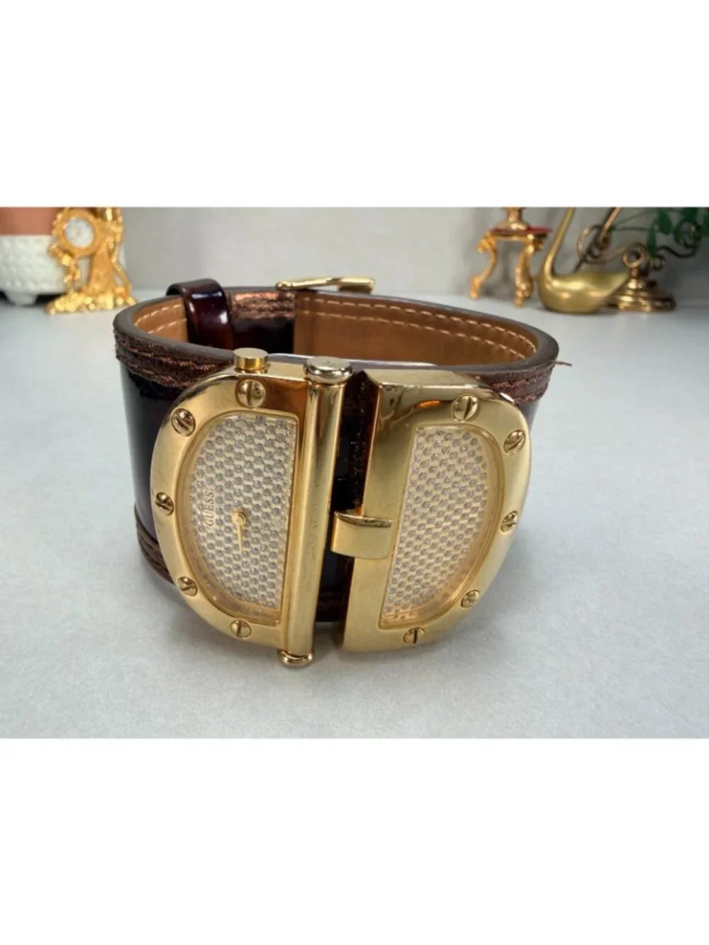 Guess Wide Cuff Watch Brown Leather Gold Tone Statement Watch